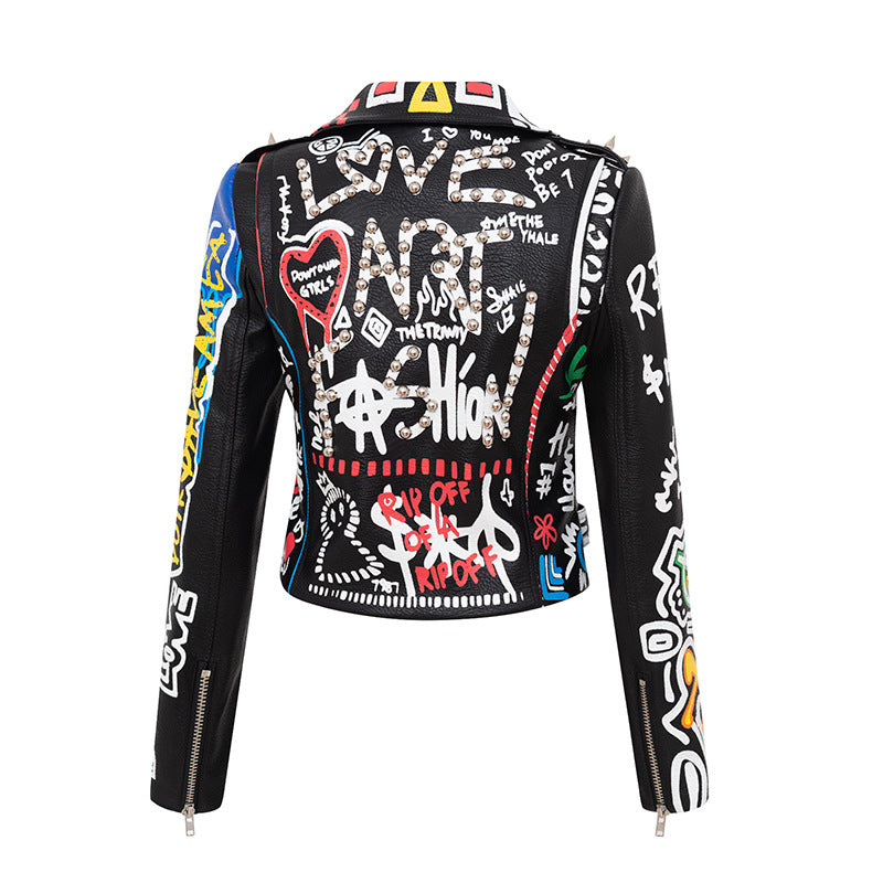 Printed Hit Color Jacket Motorcycle Leather Jacket Women's Trendy Jacket