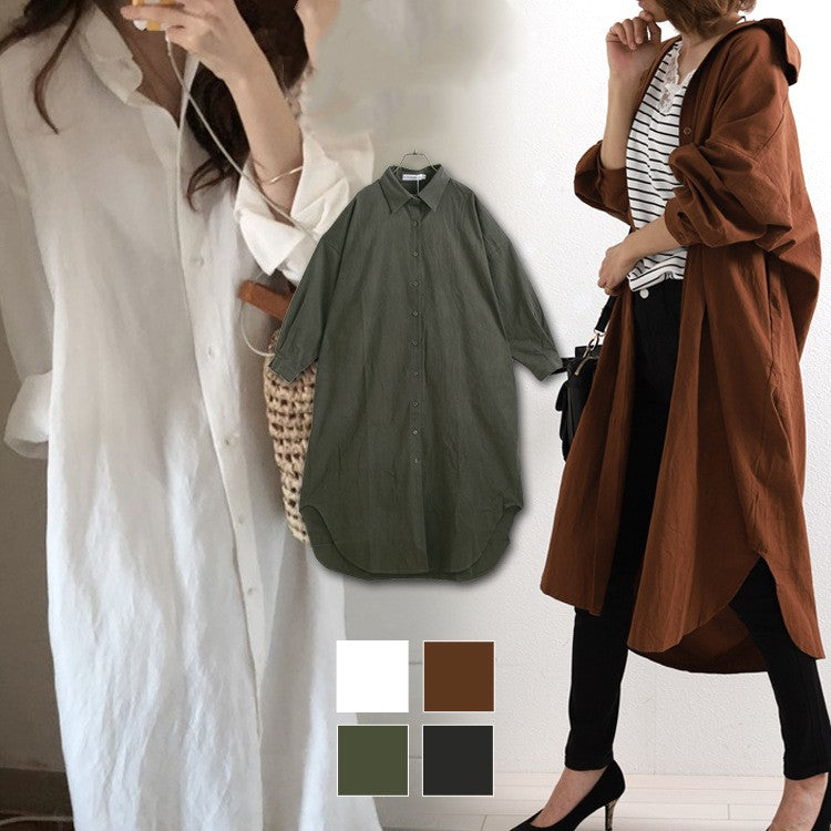 Simple Long Below The Knee Shirt Solid Color Polo Collar Cardigan Shirt