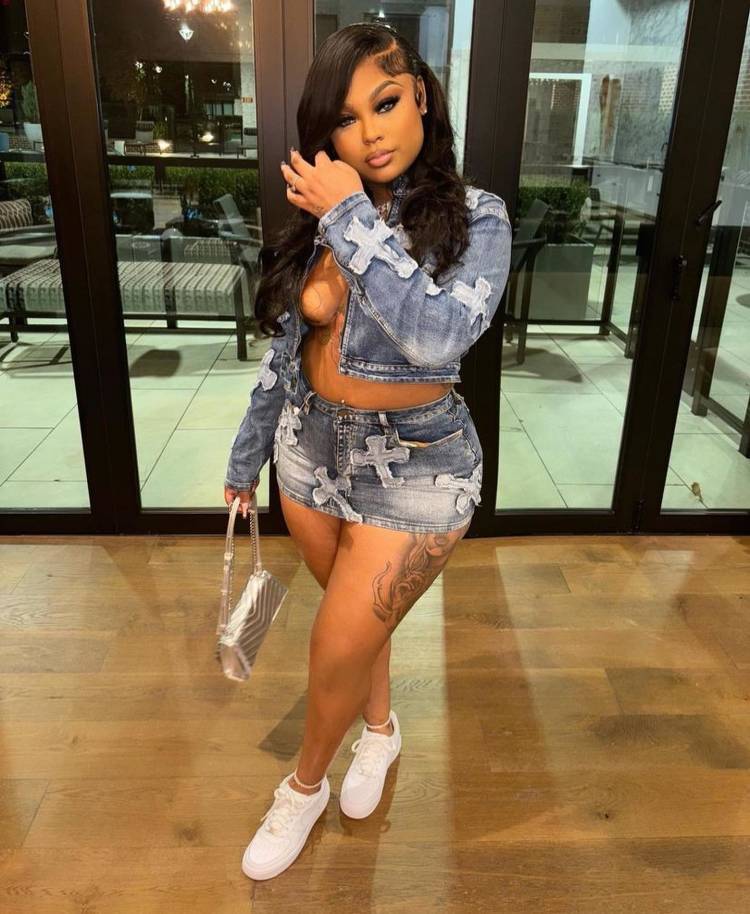 Denim Embroidered Short Skirt Set