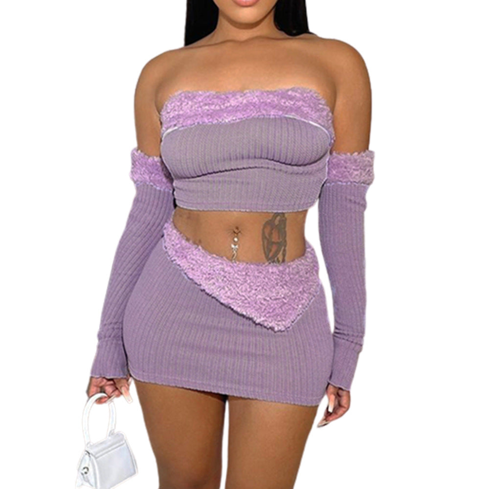 Women's Fur Stitching Navel Four-piece Skirt Suit