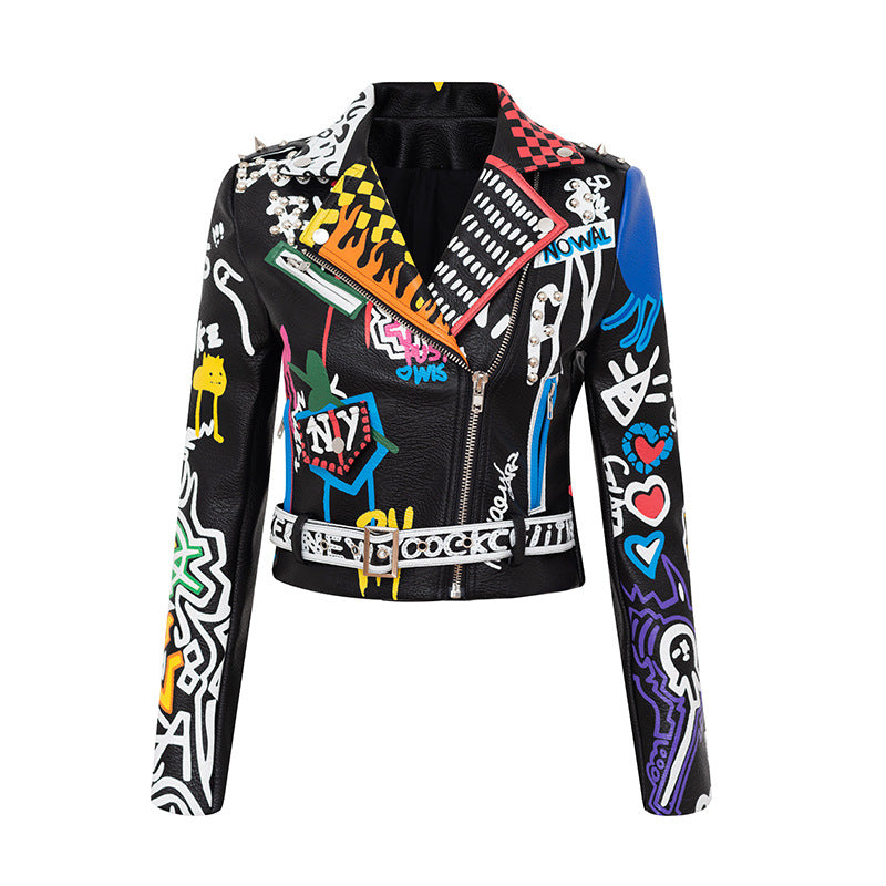 Printed Hit Color Jacket Motorcycle Leather Jacket Women's Trendy Jacket