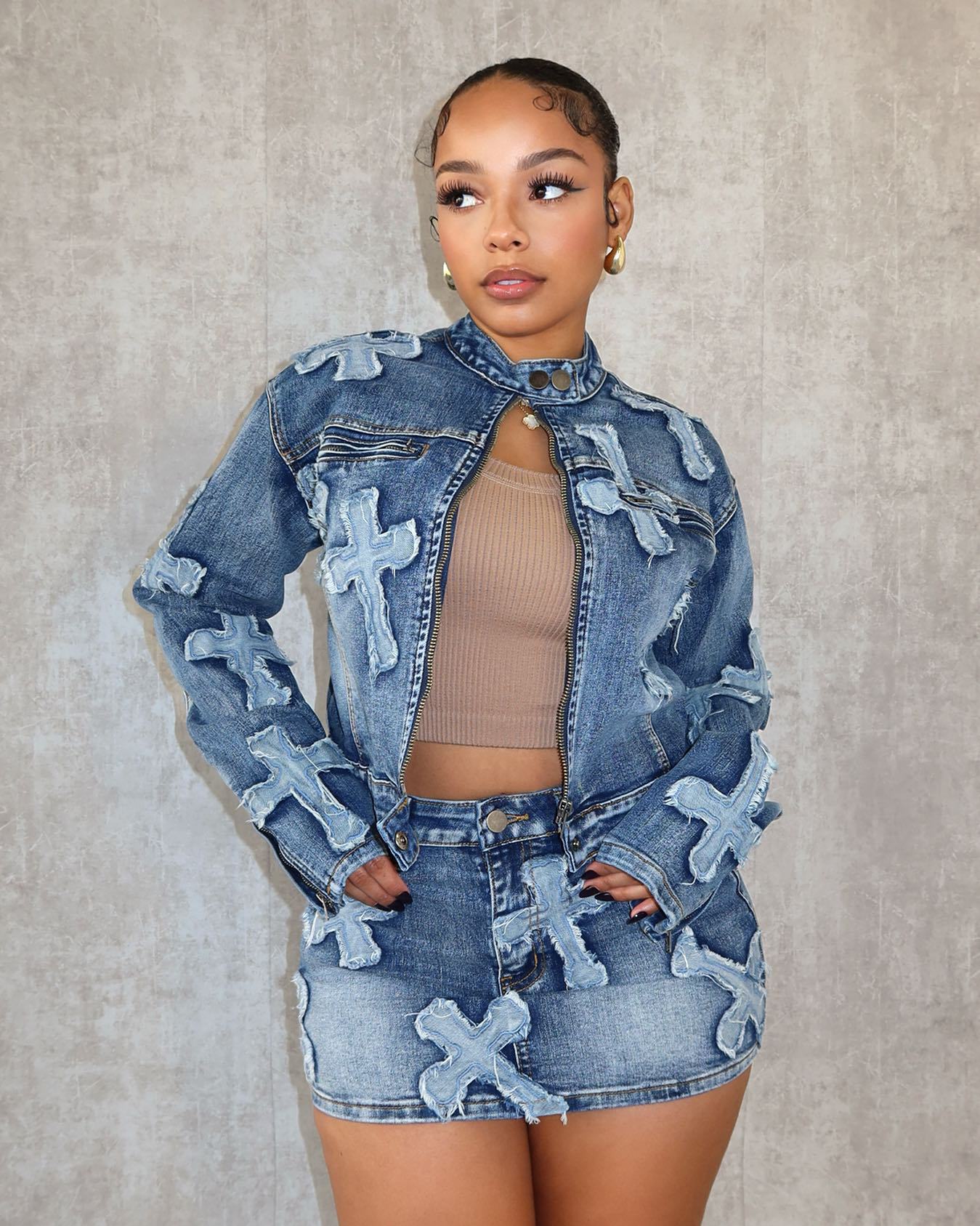 Denim Embroidered Short Skirt Set