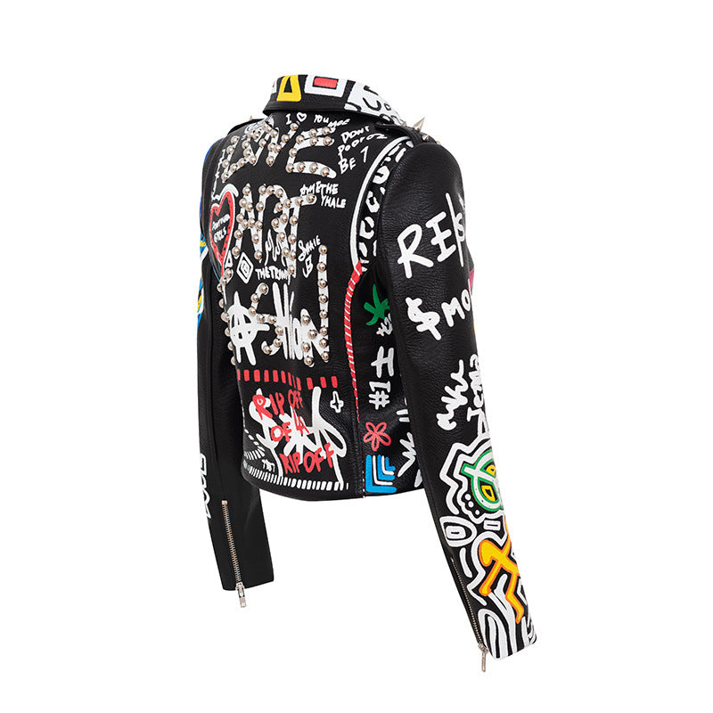 Printed Hit Color Jacket Motorcycle Leather Jacket Women's Trendy Jacket