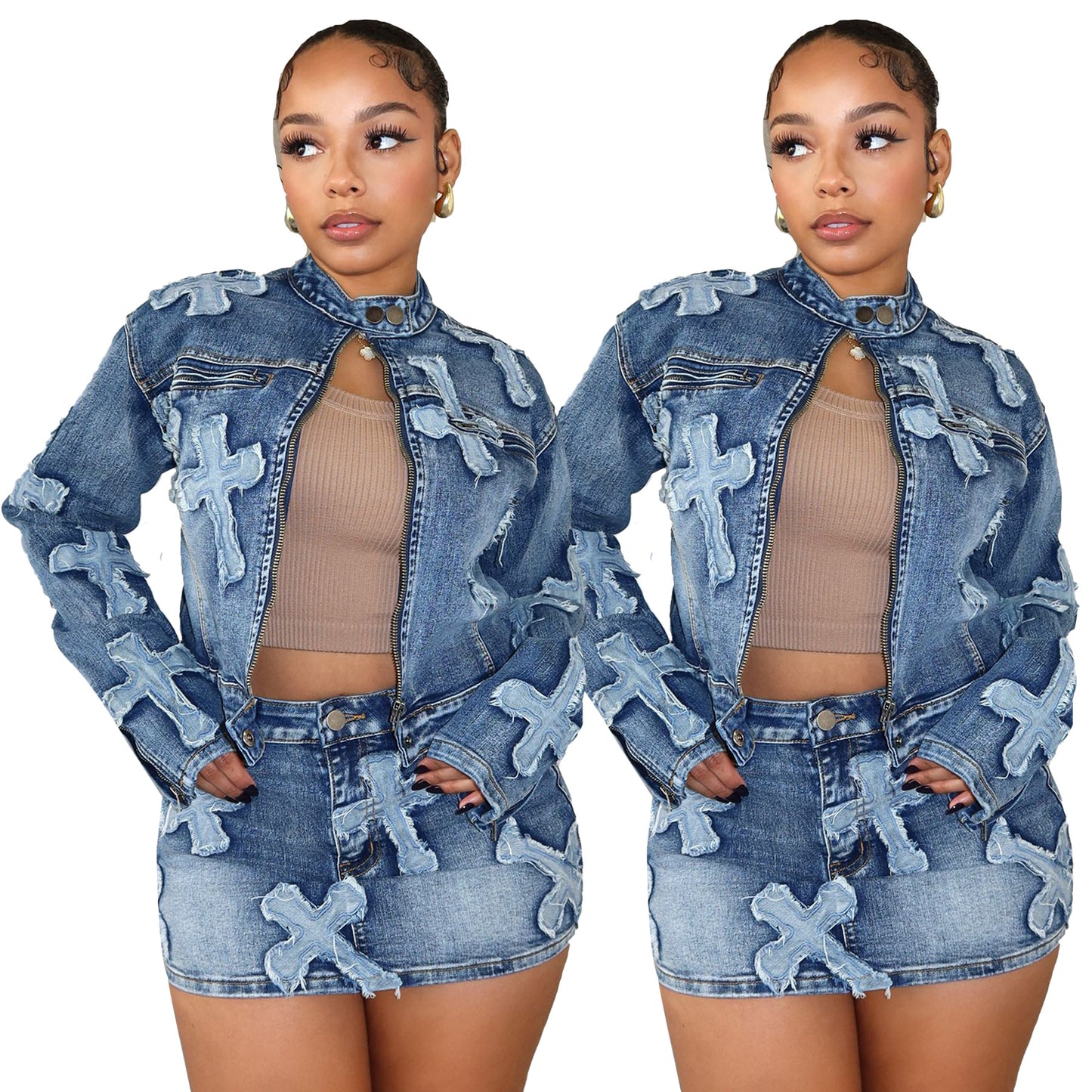 Denim Embroidered Short Skirt Set