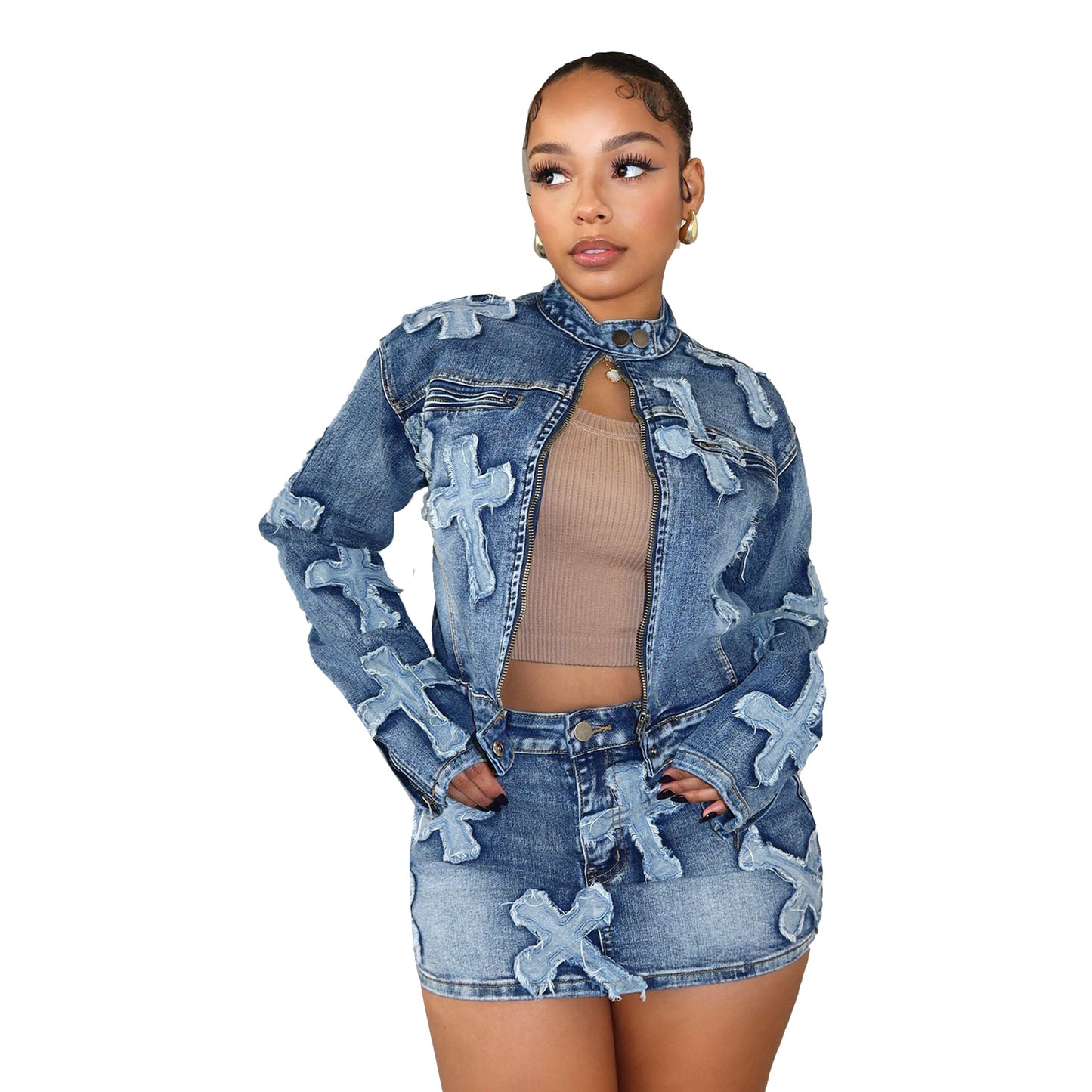 Denim Embroidered Short Skirt Set
