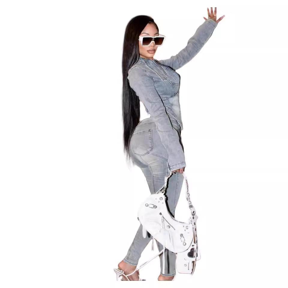 Denim Long-sleeved Tops Elastic Pants Set