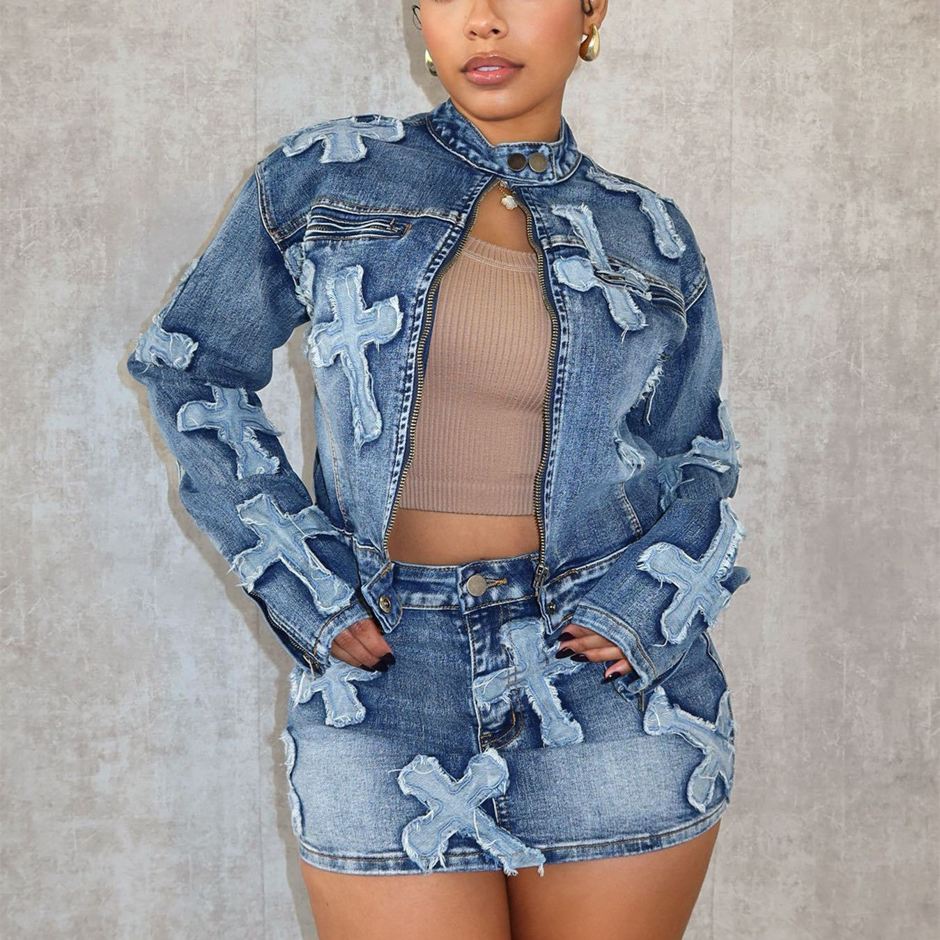 Denim Embroidered Short Skirt Set