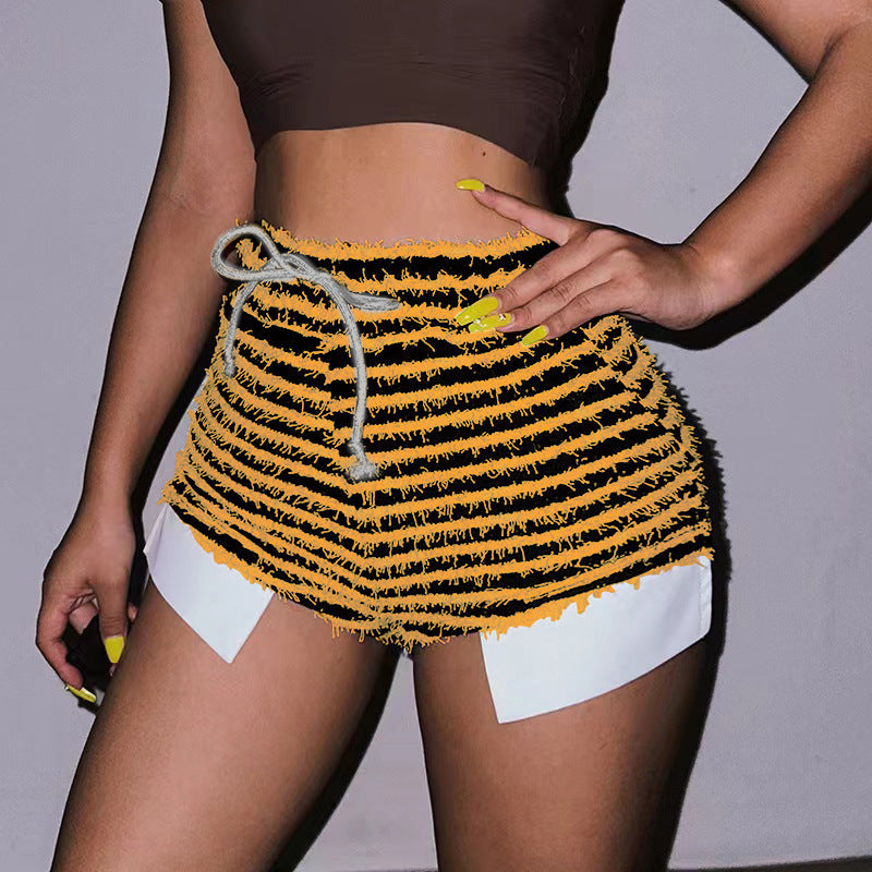 Texture Striped Drawstring High Waist Super Short Shorts