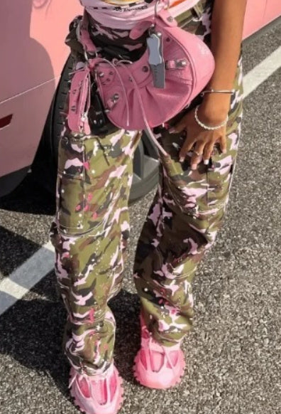 High Straight Waist Multicolor Camouflage Overalls