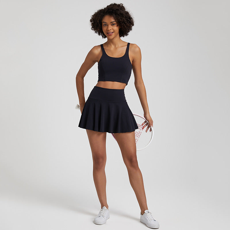 Nude Feel Outdoor Running Fitness Casual Pleated Mini Skirt Vest Suit
