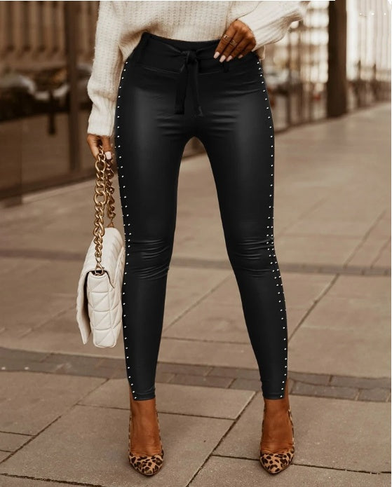 Ladies Waist Strap Leather Pants