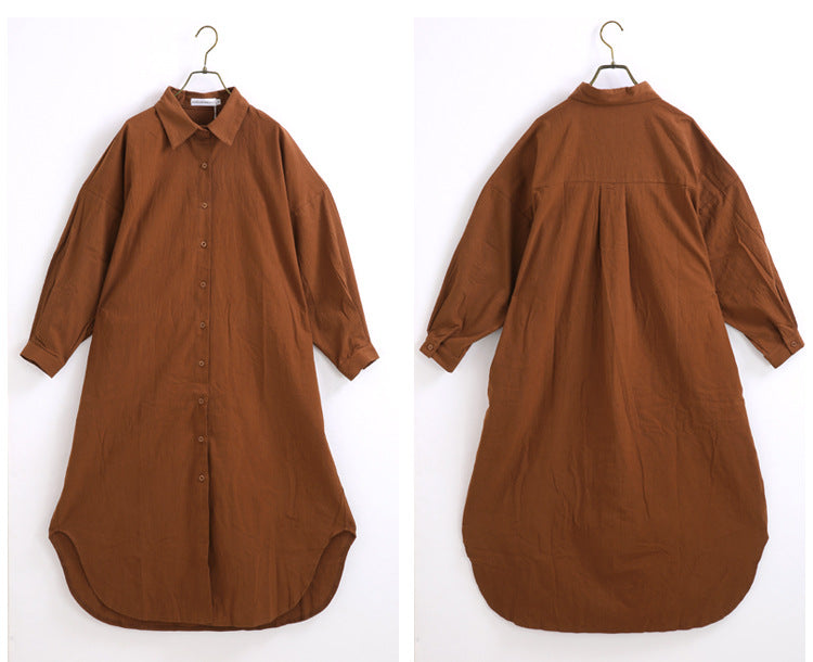Simple Long Below The Knee Shirt Solid Color Polo Collar Cardigan Shirt