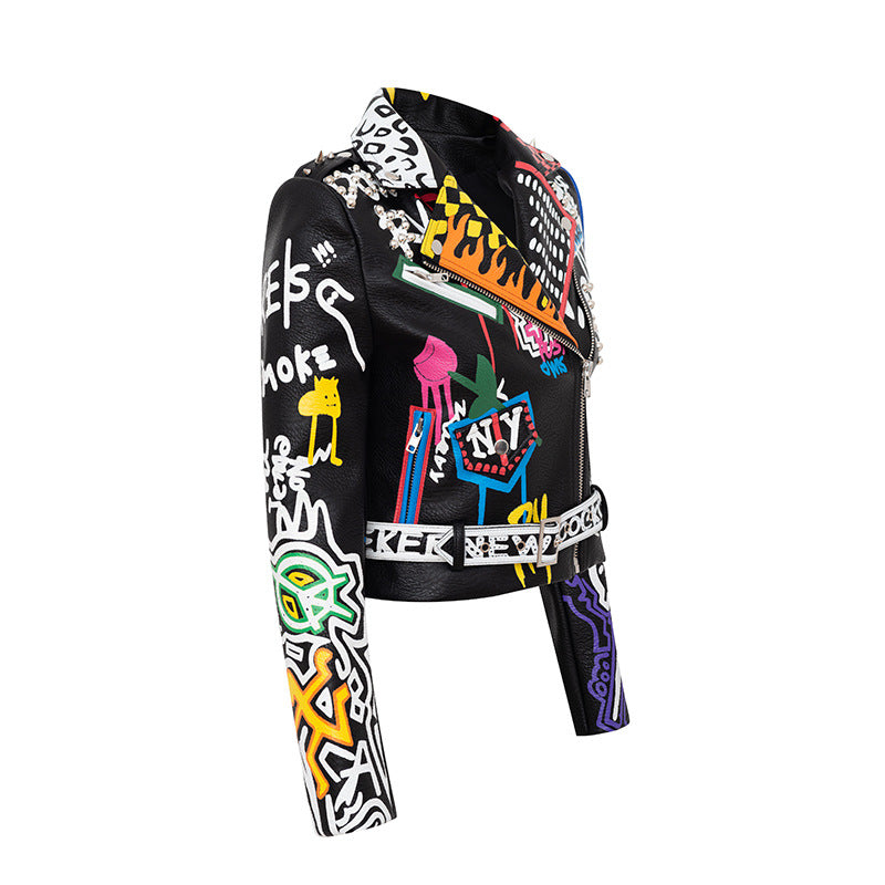 Printed Hit Color Jacket Motorcycle Leather Jacket Women's Trendy Jacket