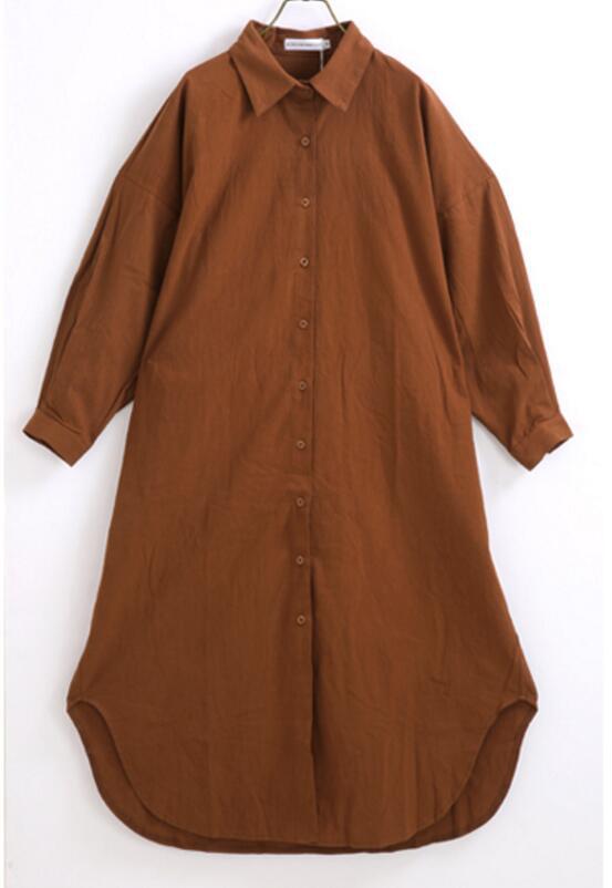 Simple Long Below The Knee Shirt Solid Color Polo Collar Cardigan Shirt