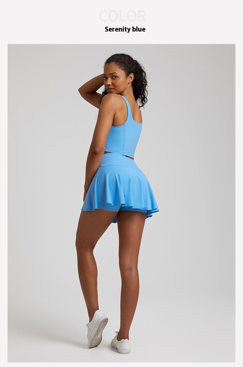 Nude Feel Outdoor Running Fitness Casual Pleated Mini Skirt Vest Suit