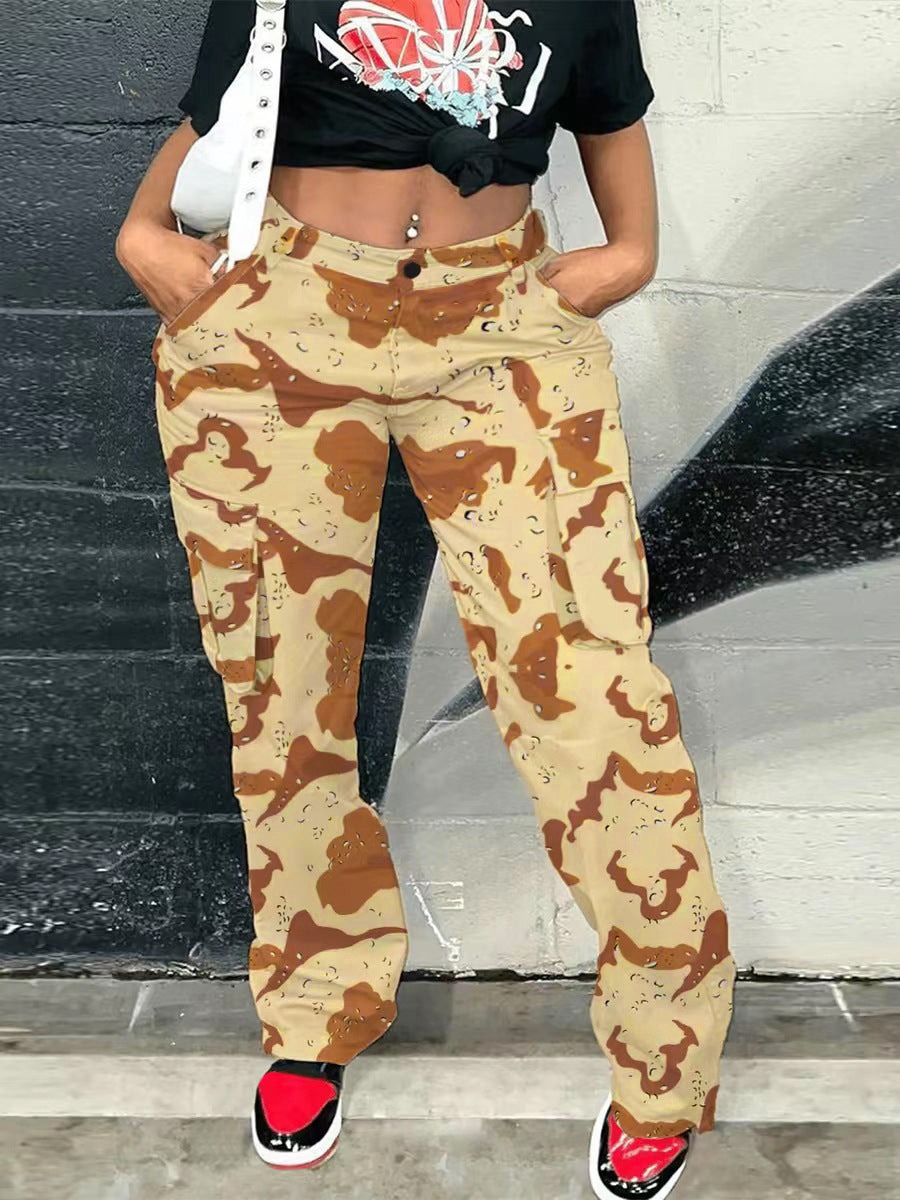 High Straight Waist Multicolor Camouflage Overalls