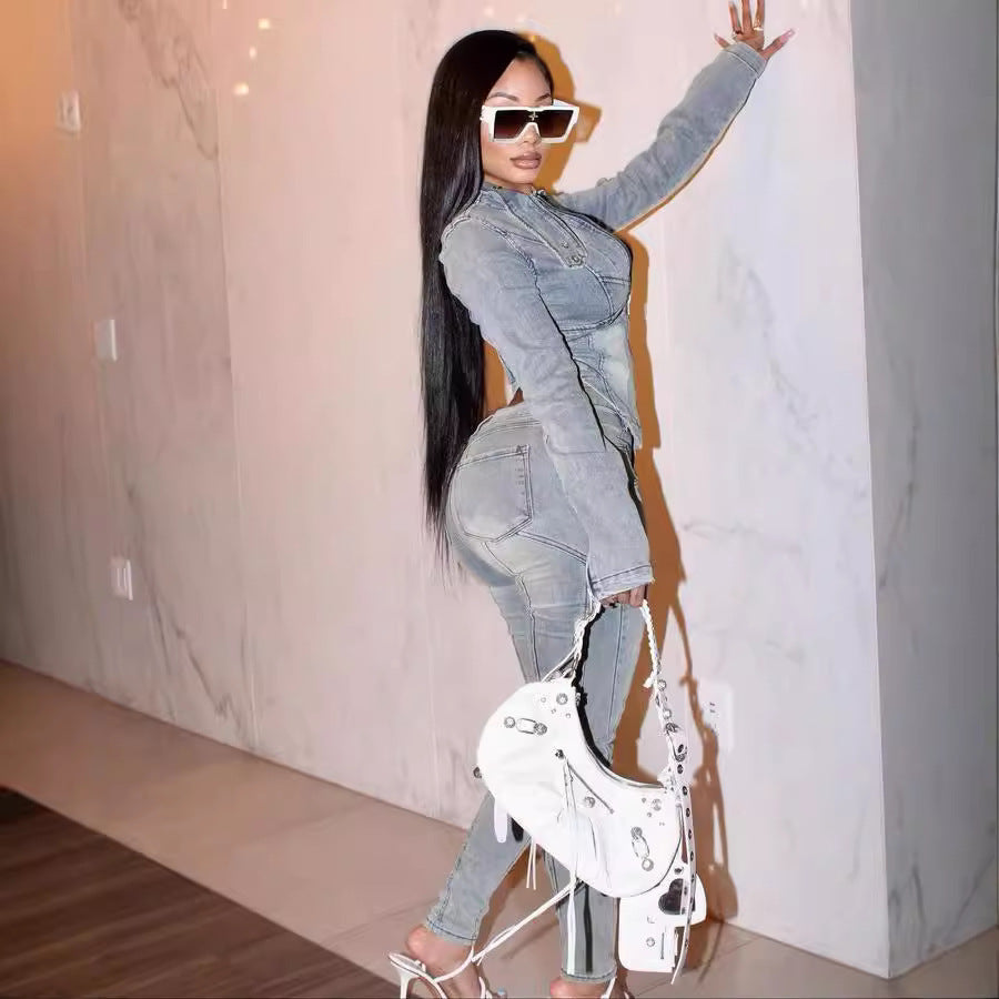 Denim Long-sleeved Tops Elastic Pants Set