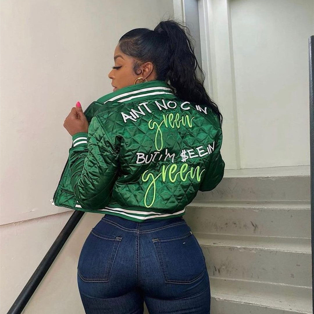 Quotes Embroidery Quilted Jacket