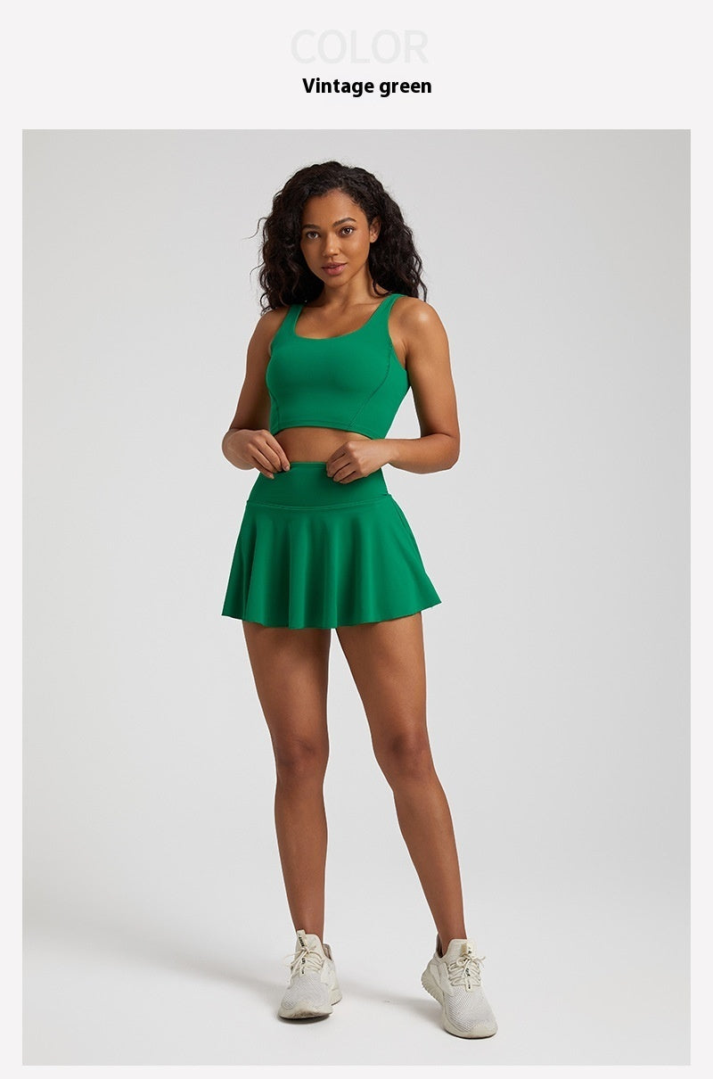 Nude Feel Outdoor Running Fitness Casual Pleated Mini Skirt Vest Suit