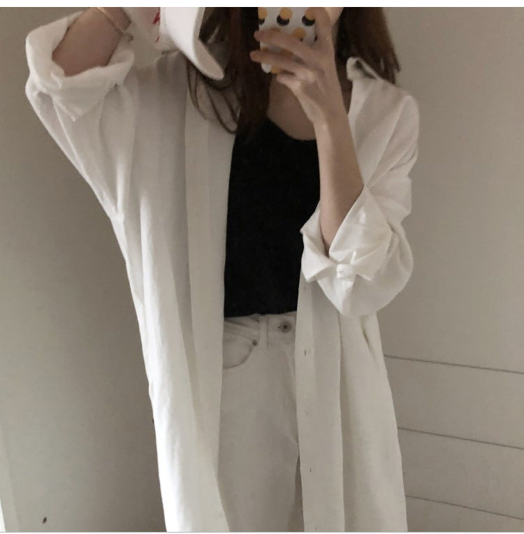 Simple Long Below The Knee Shirt Solid Color Polo Collar Cardigan Shirt