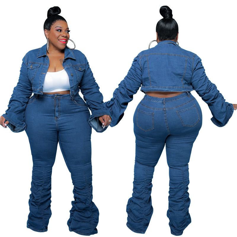Plus Size Women's Clothes Fall Winter Cowboy Two-piece Pleated Pile Pants