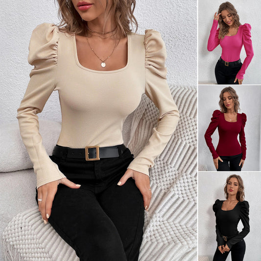 Women's Fashion Square Collar Slim-fit Knitted Long-sleeved T-shirt