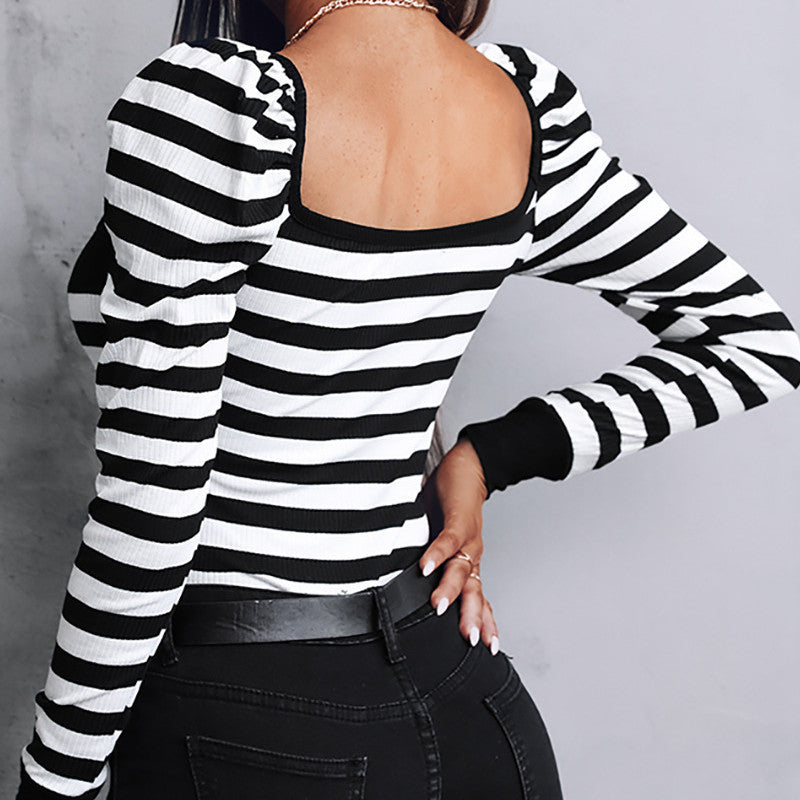 Black And White Stripes Puff Sleeve Top