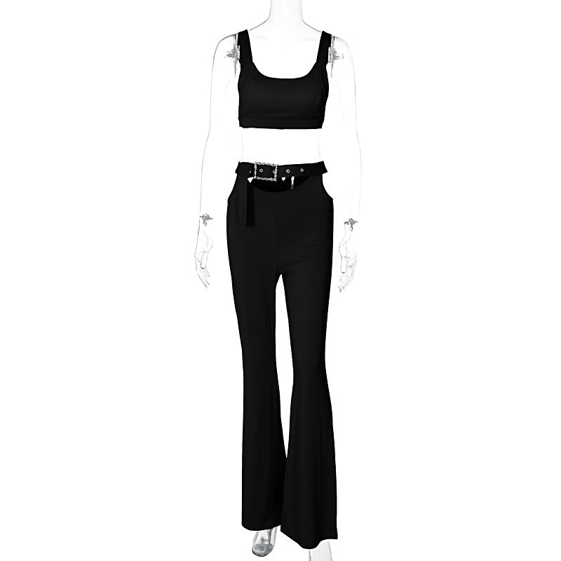 Women's Solid Color Sleeveless Vest Bell-bottom Pants Two-piece Set