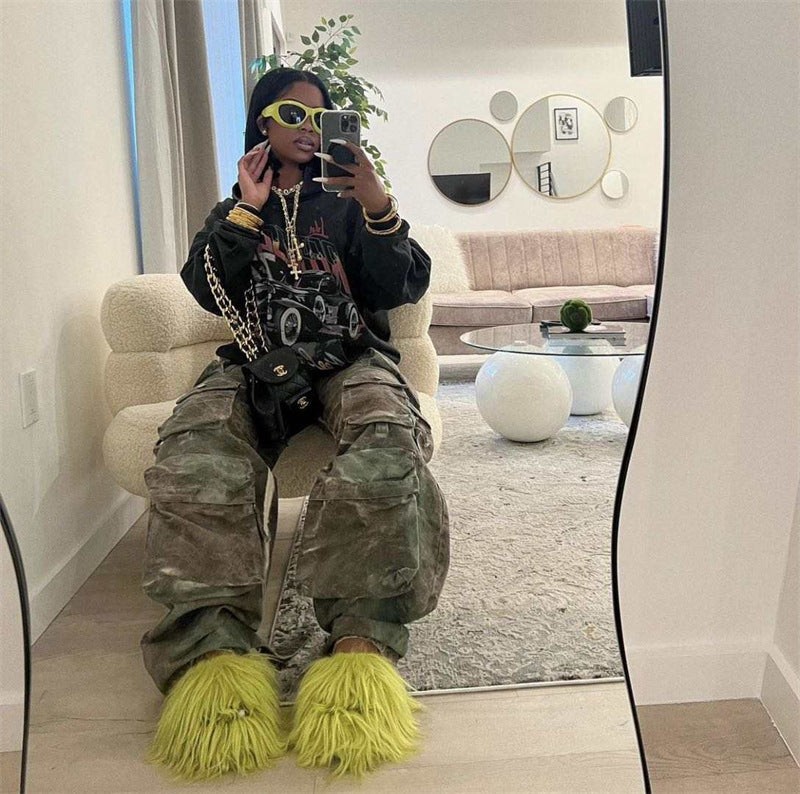 Home Slippers Sheep Long Hair Woolen Slipper