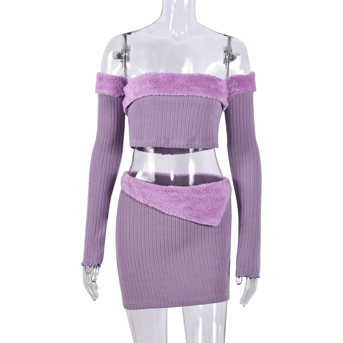 Women's Fur Stitching Navel Four-piece Skirt Suit
