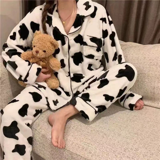 Ins Black And White Contrast Color Cow Pajamas Flannel Autumn And Winter Warm Cartoon Sweet Homewear