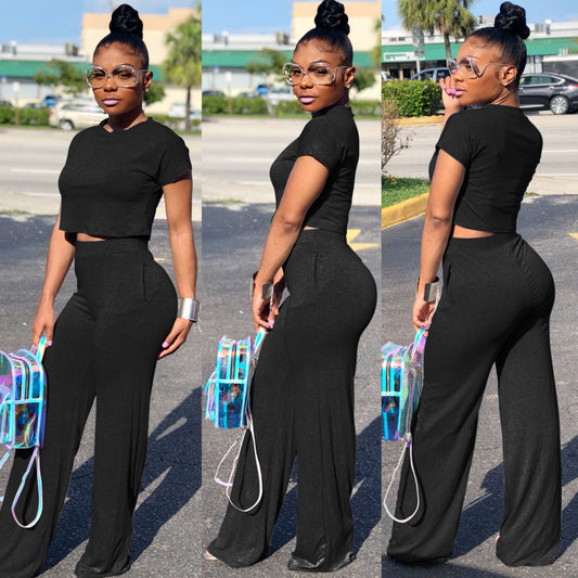 Women's Midriff Outfit Black Short Sleeve Two-piece Suit