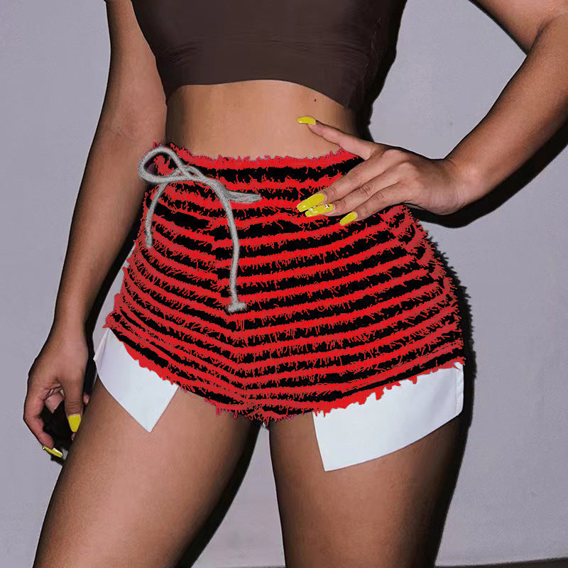 Texture Striped Drawstring High Waist Super Short Shorts