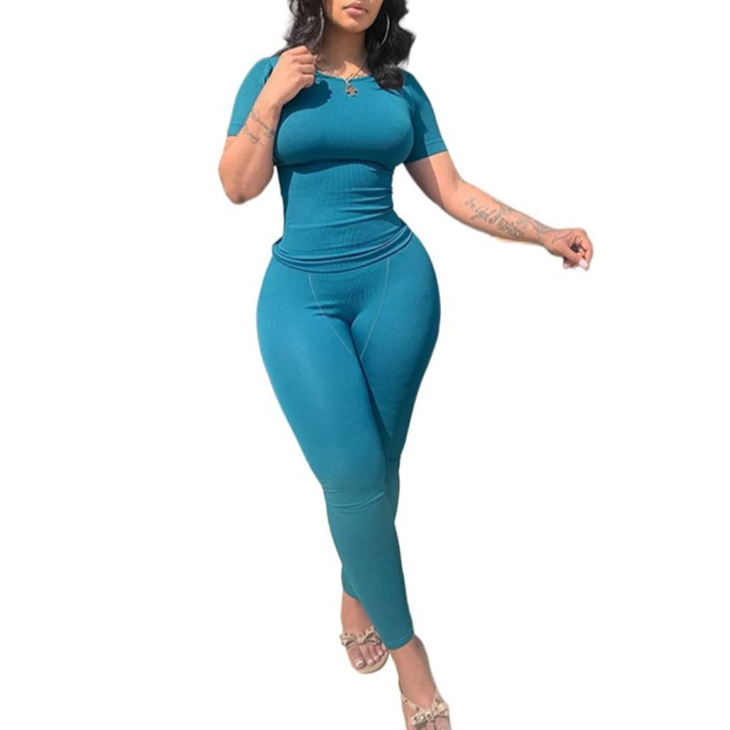 Solid Color Slim-fit Short-sleeved High Waist Tight Trousers Casual Suit