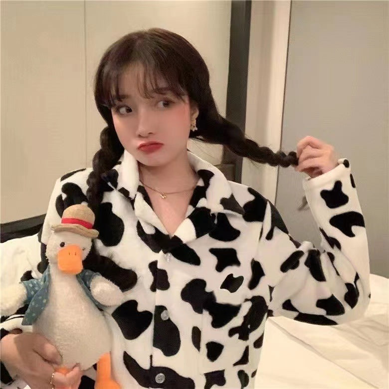 Ins Black And White Contrast Color Cow Pajamas Flannel Autumn And Winter Warm Cartoon Sweet Homewear