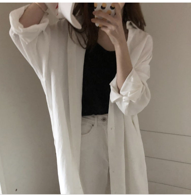 South Korea Idle Style Simple Long Below The Knee Shirt Solid Color Polo Collar Cardigan Shirt